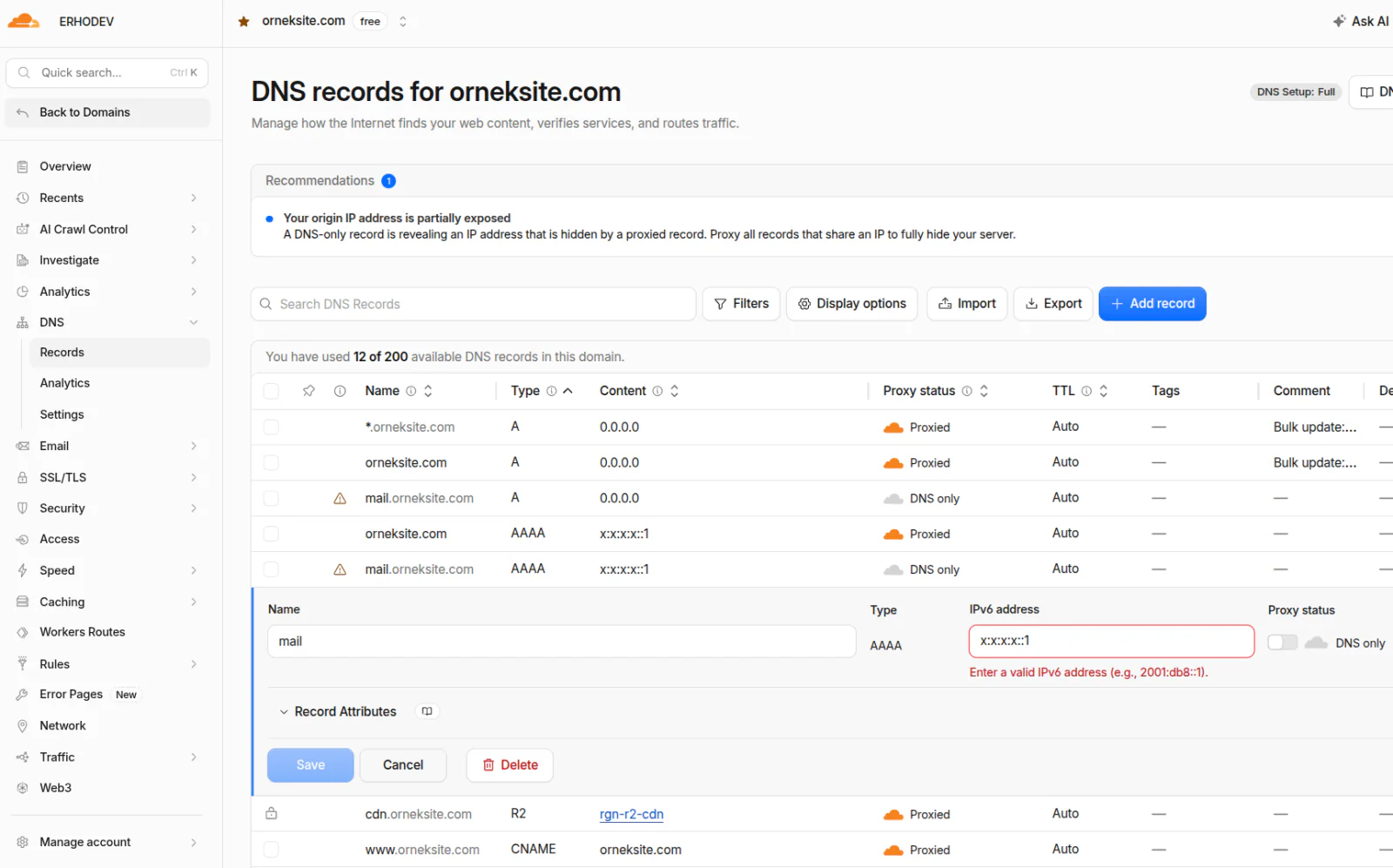 Cloudflare DNS kayıtları - orneksite.com