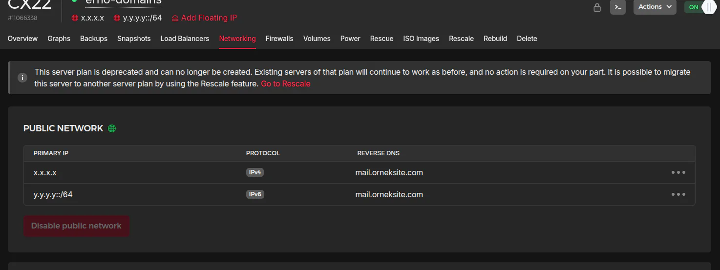 Hetzner Cloud Panel - Networking - Reverse DNS