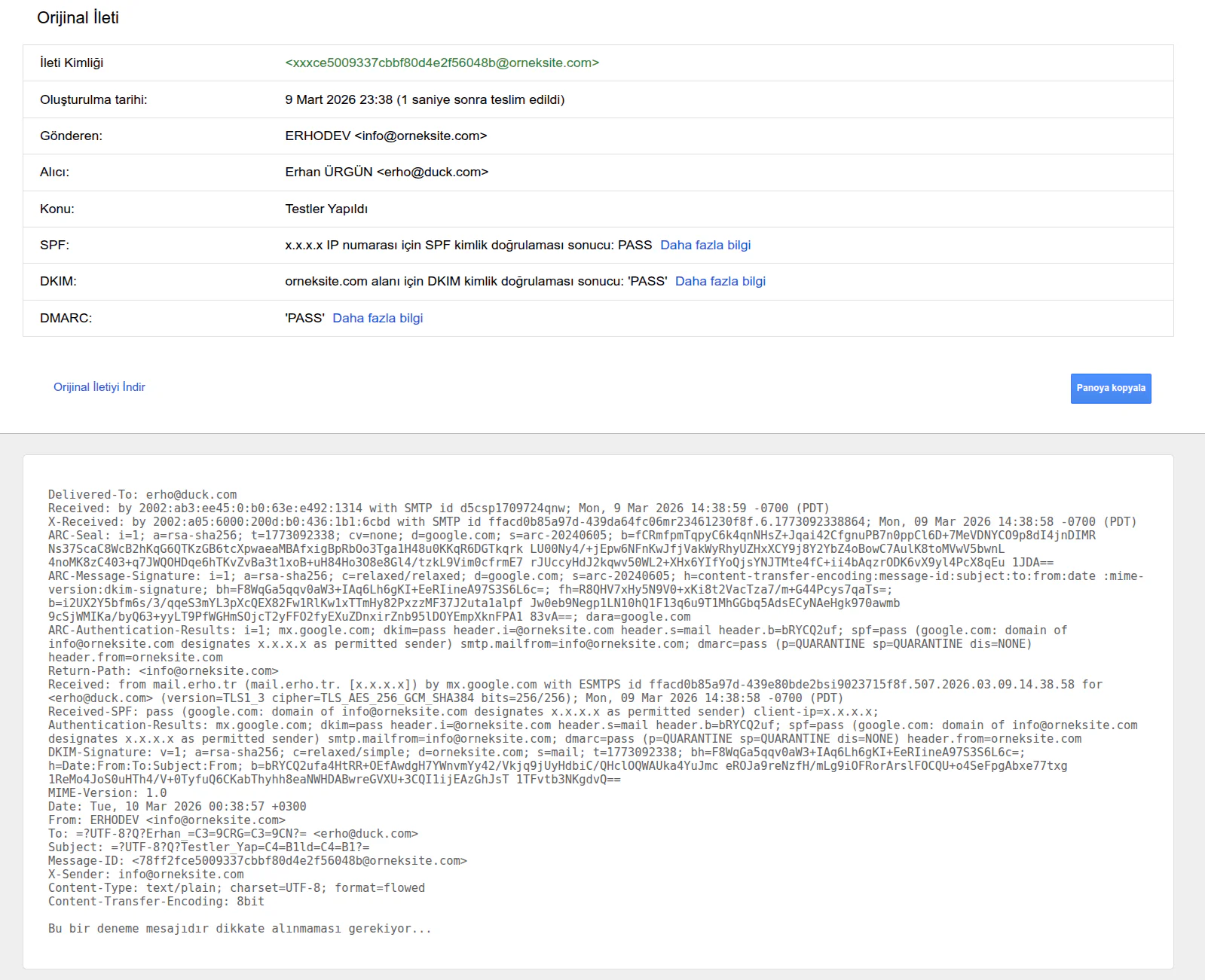 Gmail'de gelen mailin başlık detayları (SPF/DKIM/DMARC PASS)