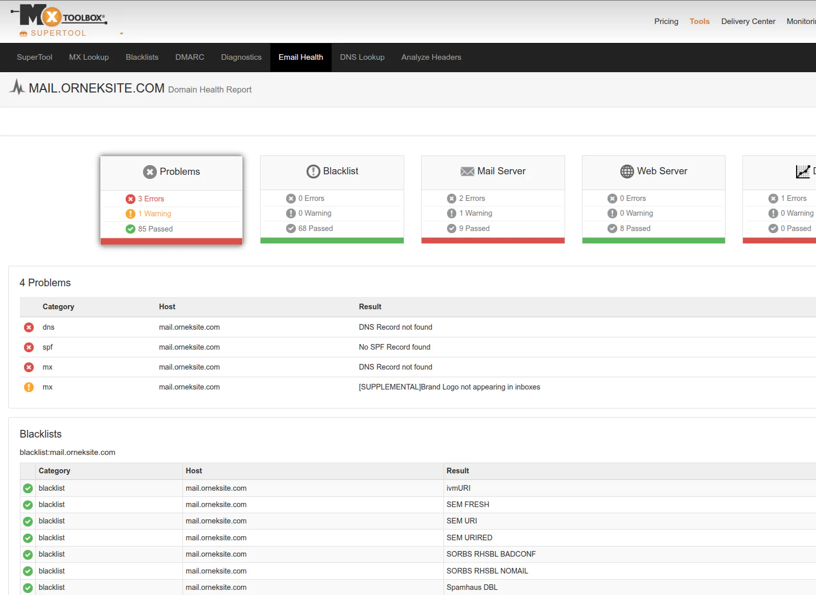 MXToolbox sonuçları